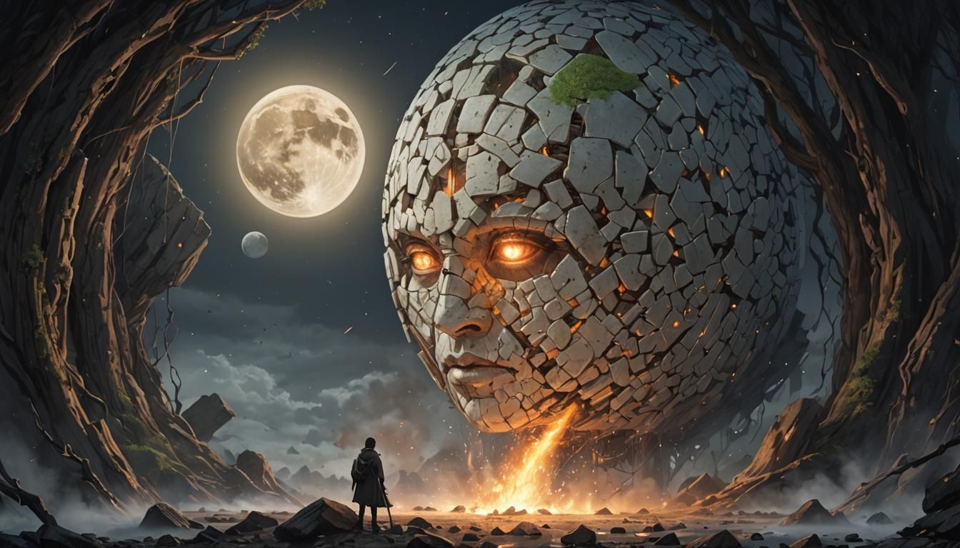 A colossal, cracked stone face emerging from the ground, with glowing orange eyes and a serene expression, set against a dramatic night sky....