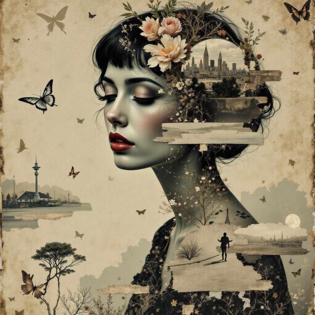 Melancholic Photographic and Drawn Collage: Agar's incorporation of distorted or fragmented photographic elements (vintage portraits, landsc...