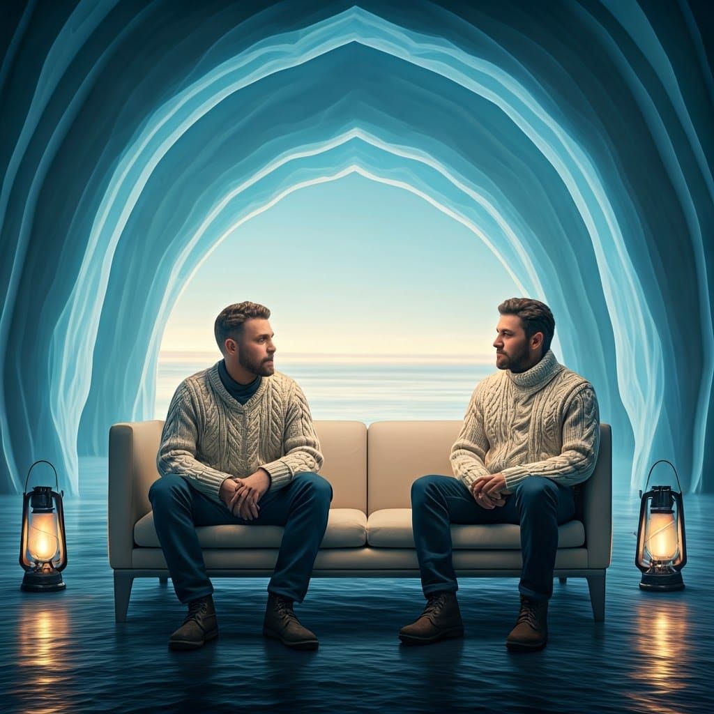 Men in Luxury Iceberg Abode at Golden Hour