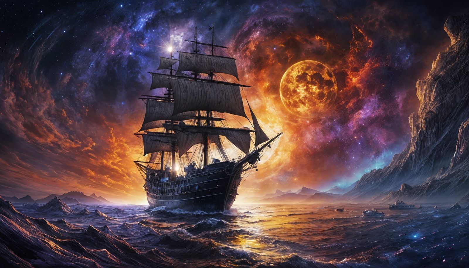 Magical oil-and-watercolor galleon painting  by @Dreamer in Hell