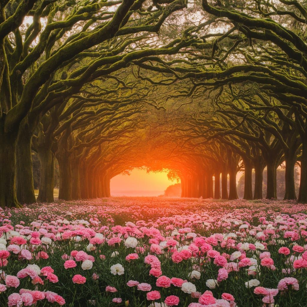 Golden Sunset in a Mossy Oak Forest