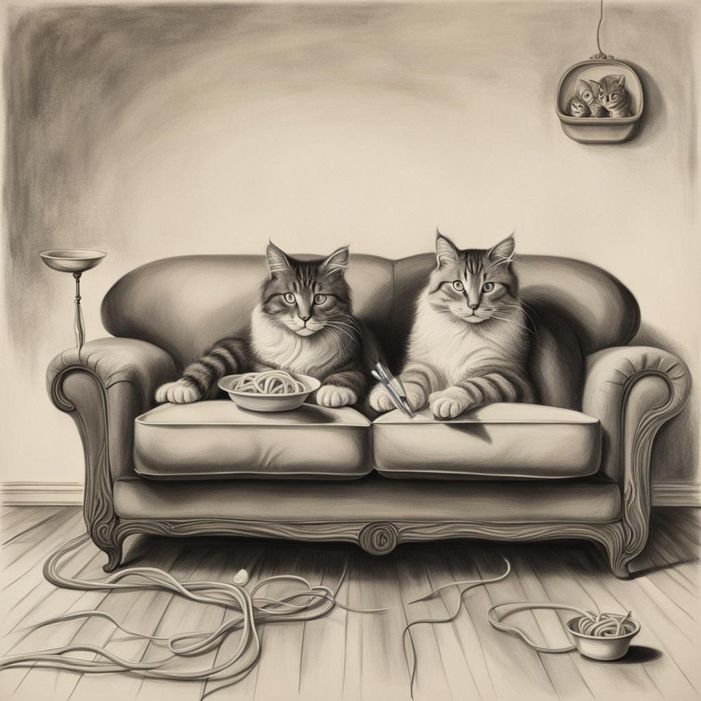 A pencil sketch of two cats sitting on a sofa watching TV wh...