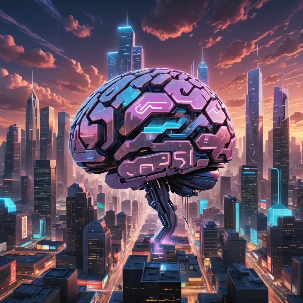Imagine a book cover with a futuristic cityscape at dusk, a ...