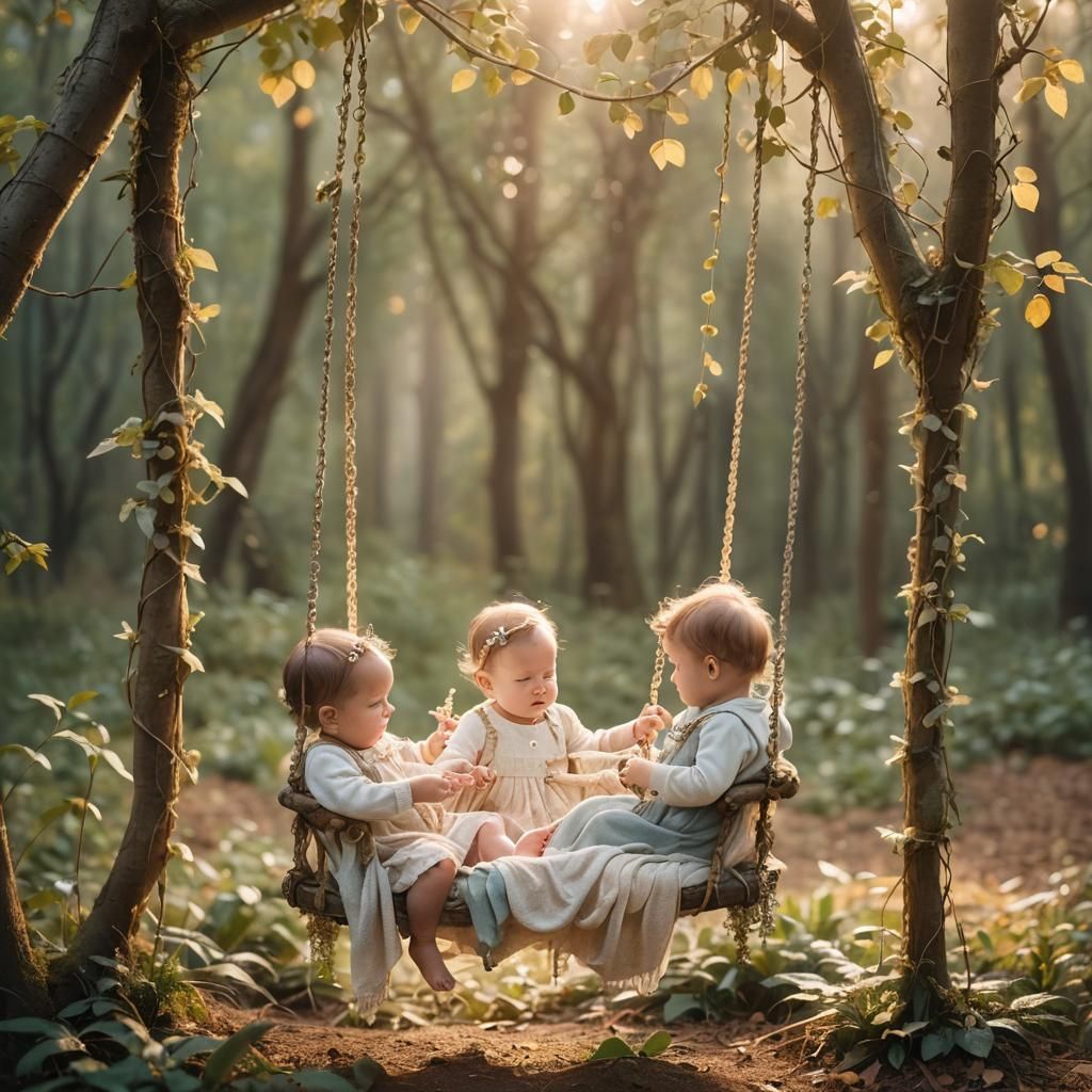 Enchanted Forest: Newborns in Swing, Dreamy Photo