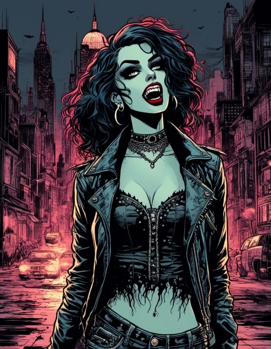 comic-art style full-body portrait of a beautiful grunge-punk vampire  girl <lora:Gothipunk Vampires 2:1.2> showing her fangs, at night in a...