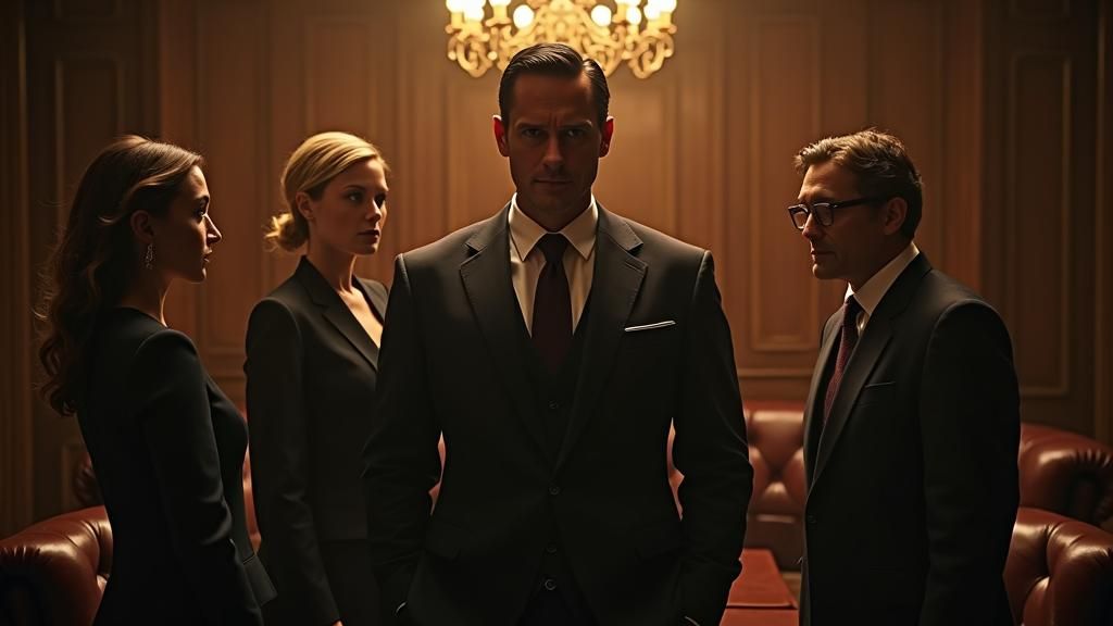 Marcus Holloway, impeccably dressed, stands in a luxurious but dimly lit office, a sinister smile on his face. Evelyn, Samantha, and Dr. Fos...