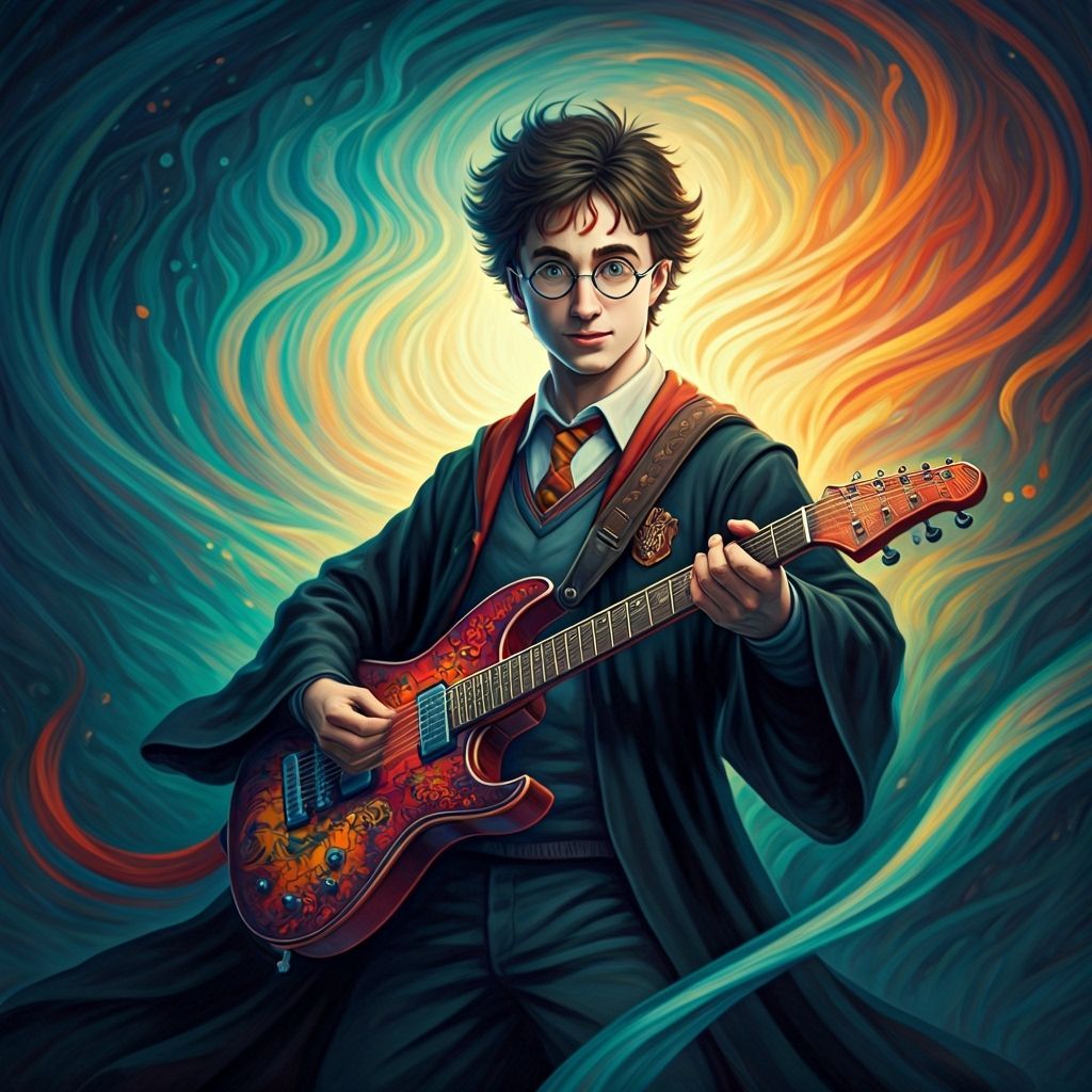 Harry Potter Plays Guitar in Whimsical Digital Art Style