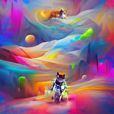 cat wearing a space suit while riding a dog detailed paintin...