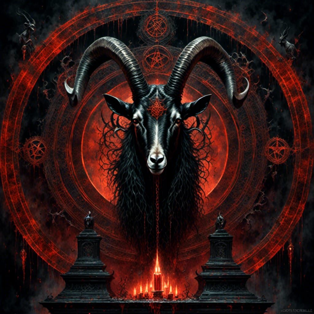 <lora:Other side of holy:1.0> goat on a pedestal, oldschool oil painting style, watercolor, mandala with pentacle, luminescent, dark black b...