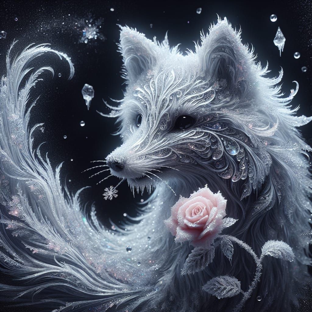 Icy Arctic Fox with Rose in Winter Fantasy