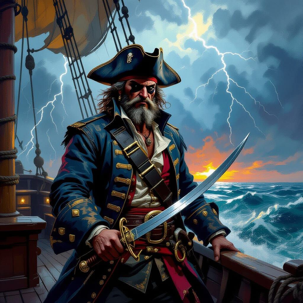 Pirate Captain in Stormy Seas, Dramatic Painterly Style