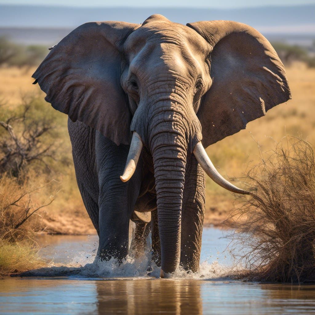 A <lora:Flighty:1.0> elephant at the waterhole