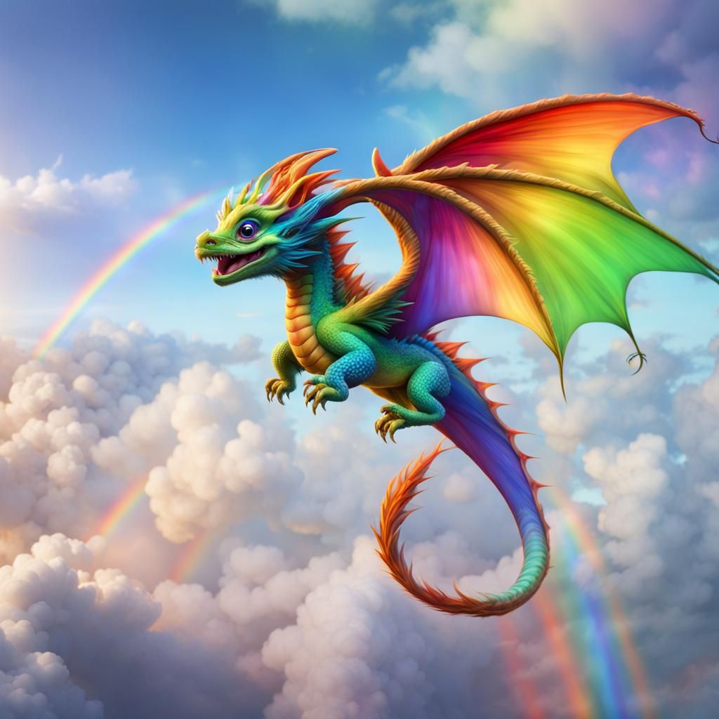 Rainbow Flight: A tiny rainbow-colored baby dragon soaring t...