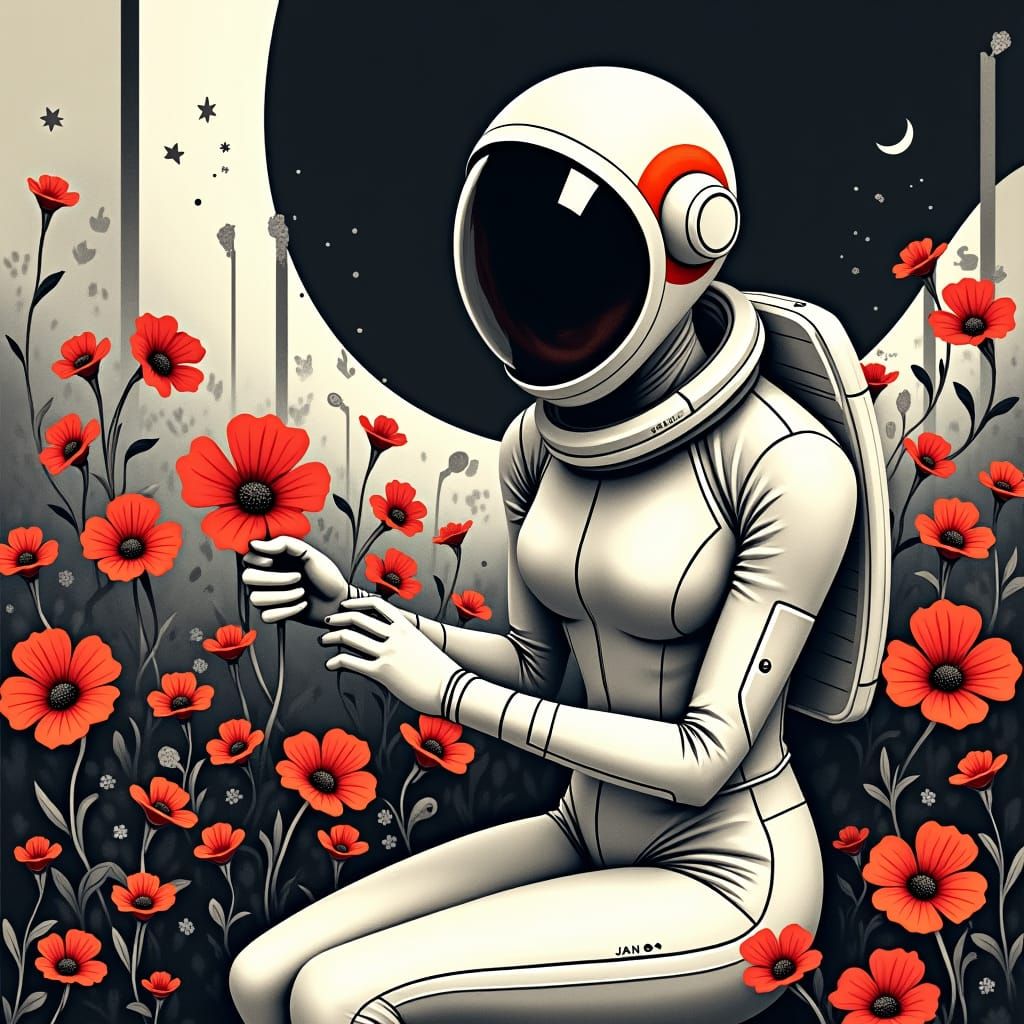 black and white vector image of a woman in a space suit picking beautiful flowers in a garden modern art
