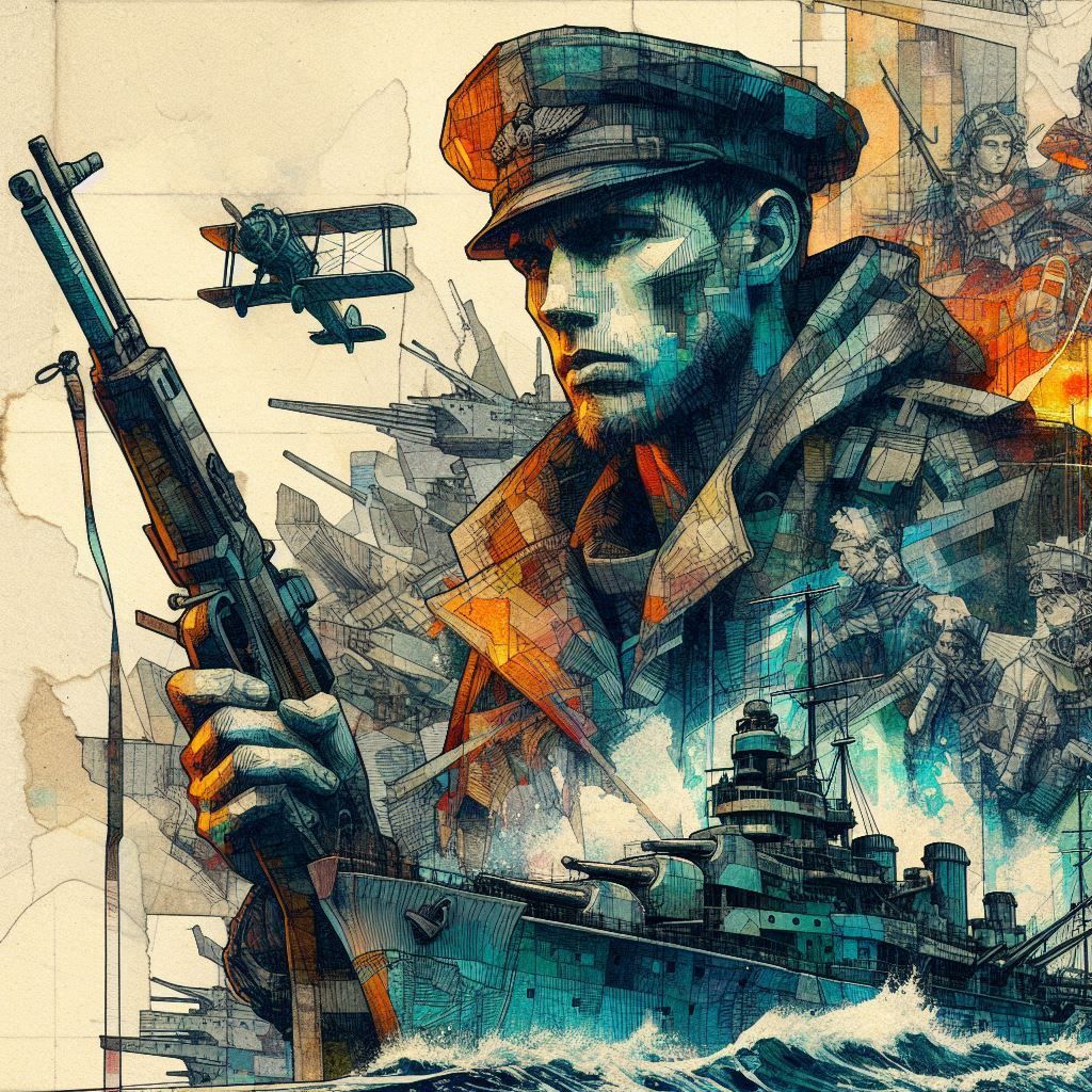 World War II Navy soldier, war planes and ship, sketch in a ...