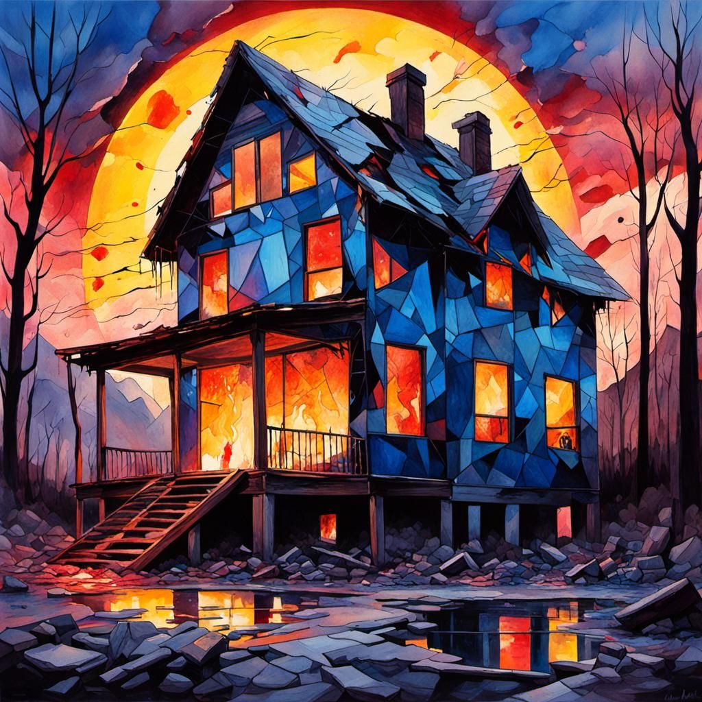 Broken Glass House Ablaze: Sinister Oil Painting