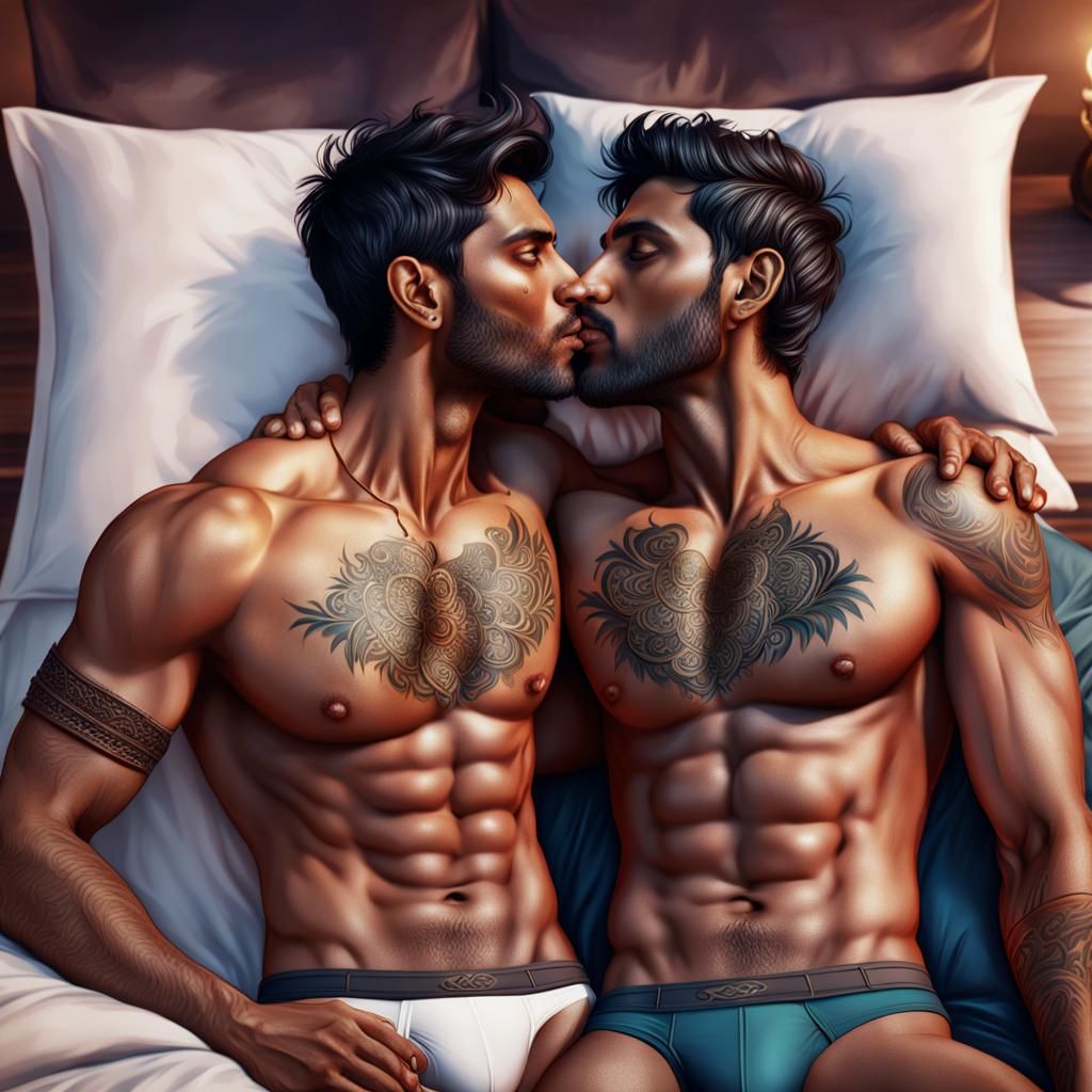 Hot shirtless Indian boys kissing on lips in bed wearing onl...