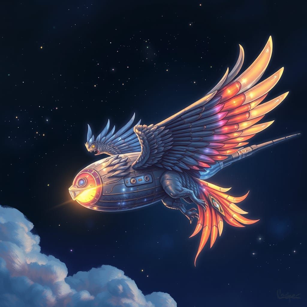 Griffin Airship Soaring Through Starry Skies