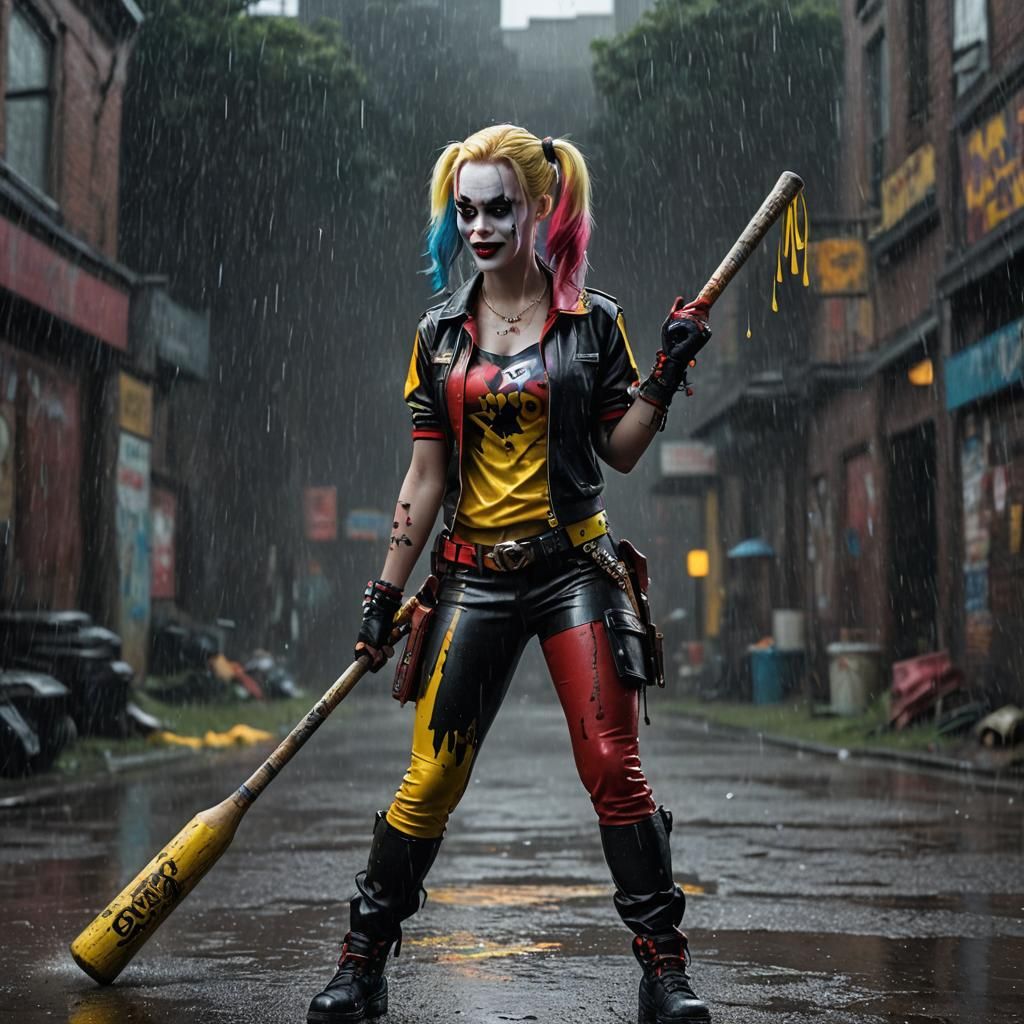 Angry Harley quinn with colour domination black and a little bit yellow in  rain full body with baseball bat - AI Generated Artwork - NightCafe Creator