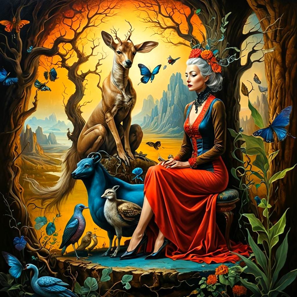 Beautiful Woman with Fantastic Animals in Surrealist Style