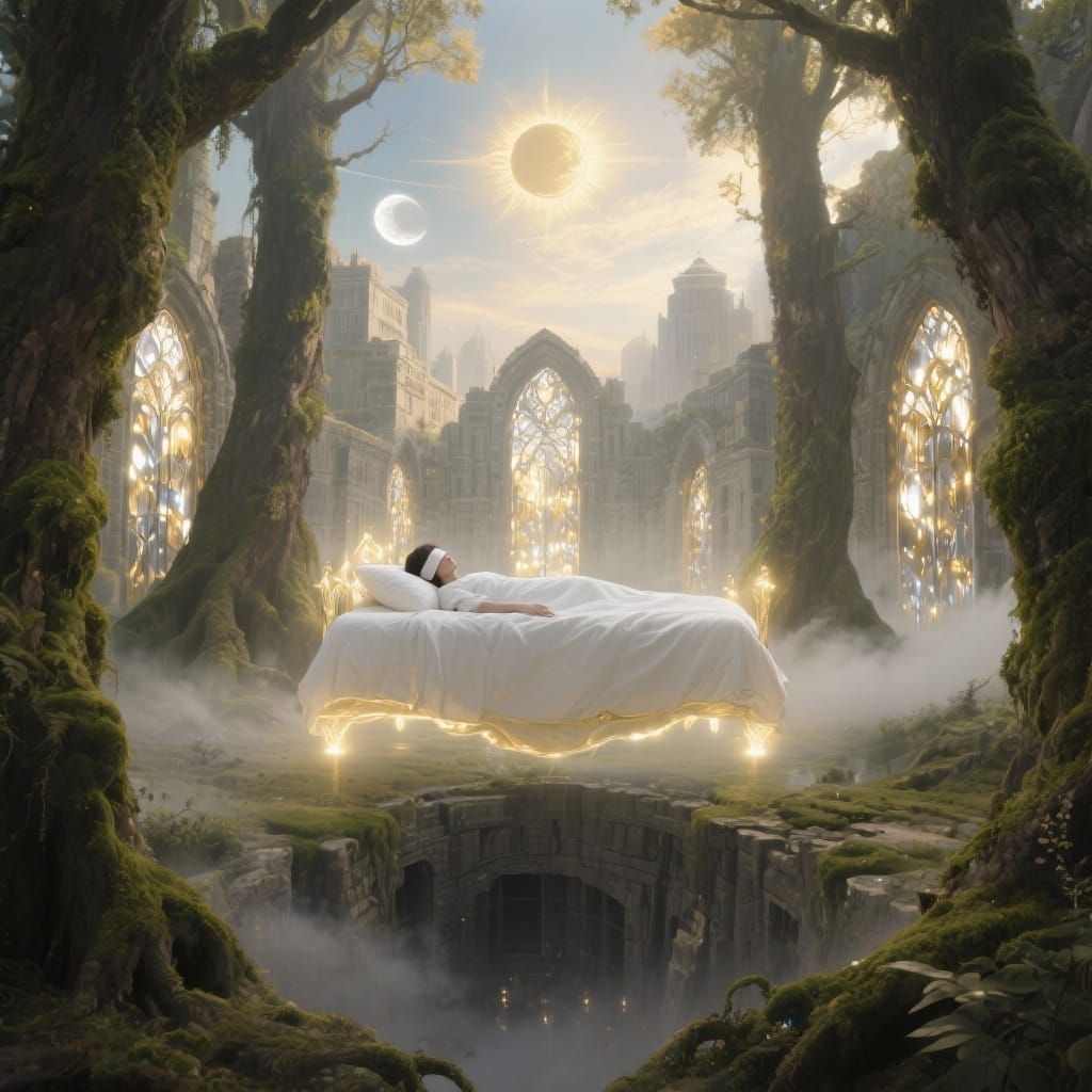 A highly detailed, cinematic fantasy illustration in 8K resolution.
In the heart of an ancient forest, a glowing white bed floats in midair,...