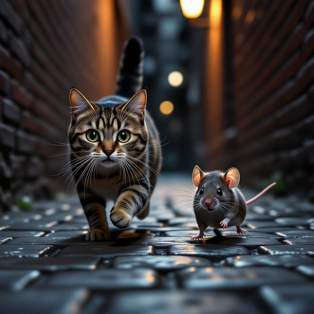 Fierce Mouse Chases Terrified Cat in Photorealistic Alley