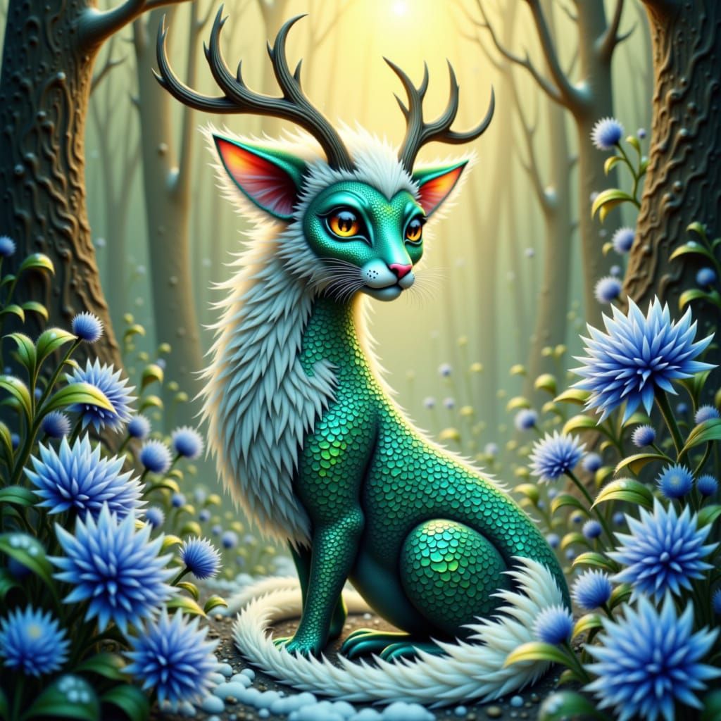 Majestic teal and white dragon-cat hybrid with iridescent green scales that shimmer like polished jade, and plush, soft fur that gradates fr...