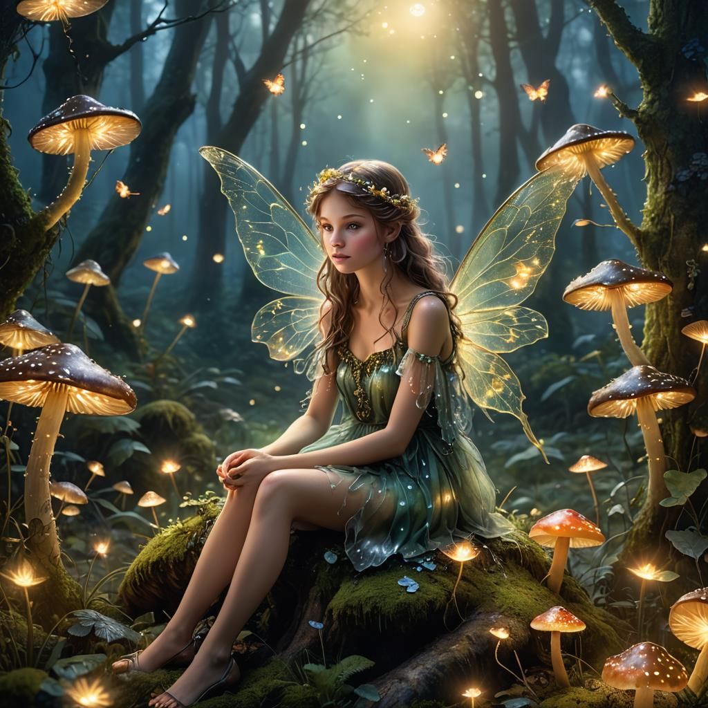 A fairy, sitting on a mushroom in a moonlit forest, surrounded by glowing fireflies.  by @Jammy Blackwood
