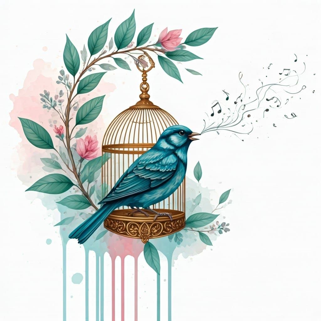 Ornate Songbird in Golden Cage: Art Nouveau Style