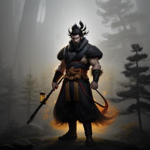 Monkey King in Mystical Forest: Chinese Ink Painting