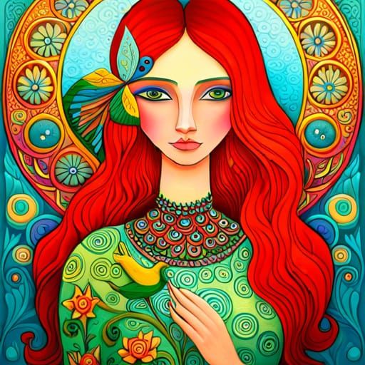 girl with birds, flowers, fairytale, magic realism, mysterio...