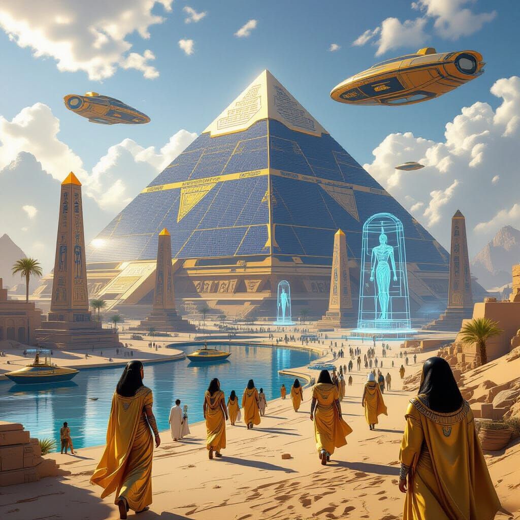 A futuristic Egyptian metropolis with solar pyramids, flying barges, and AI-controlled obelisks. Citizens ...  by @Adalovelace