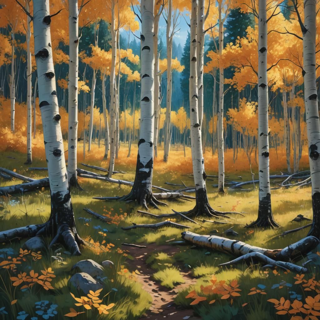 An oil painting of an aspen forest by a meadow