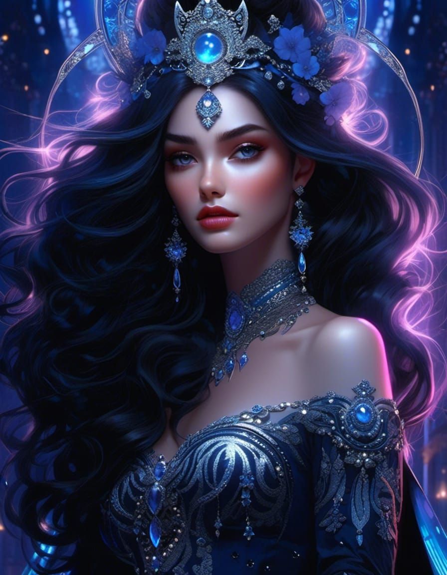 Animated beautiful witch, glowing starlit eyes, long silver and dark ...