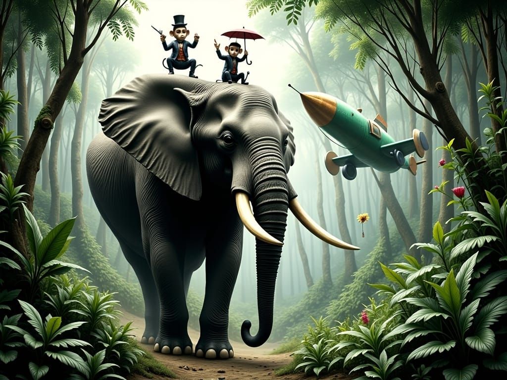 A large African Elephant with a small circus monkey standing on the elephant’s head, while the elephant itself stands guard on a trail that leads deep into the dark jungle interior. Through a break in the distant trees a green steampunk style rocketship is seen flying through the sky.