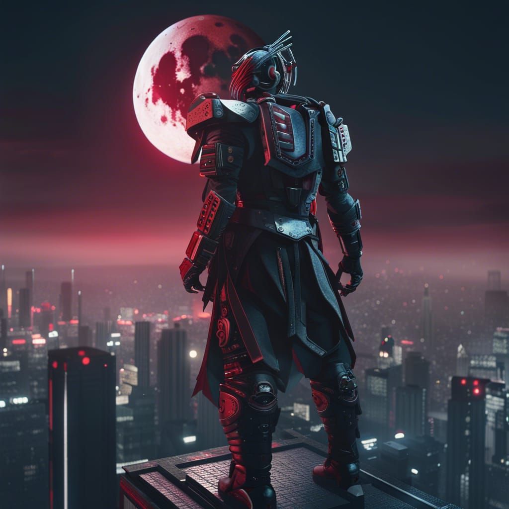 A dope, cyborg, cyber samurai standing atop a skyscraper, on...