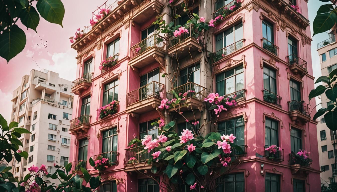 luxury apartment building and a pink bougainvillea