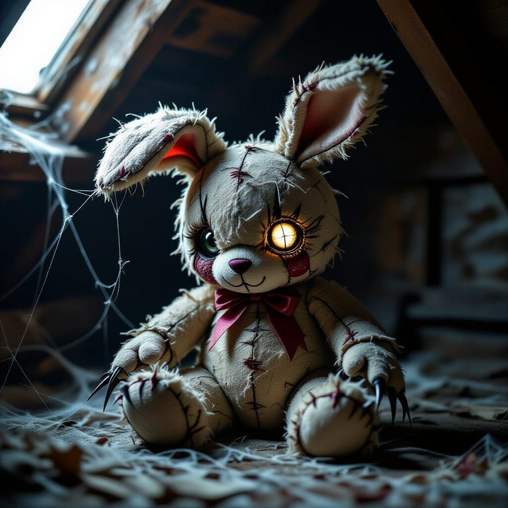A once-cuddly stuffed bunny, now stitched with jagged, menacing seams and sporting sharp, needle-like ...  by @Kazumakra