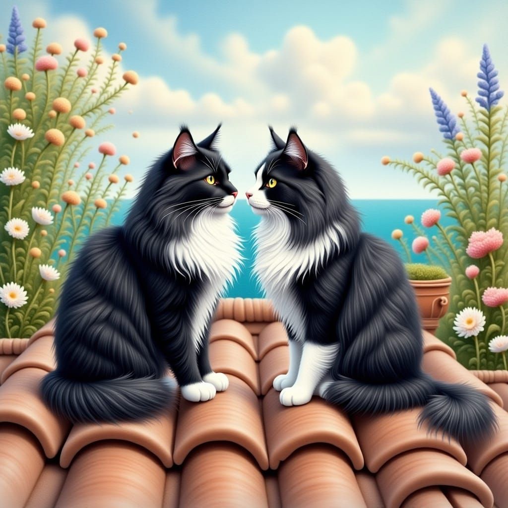 <lora:Langhaarige Katzen:1.0>over the roof top from Nizza, black and white long haired cats, falling in love, in Style of Monet 