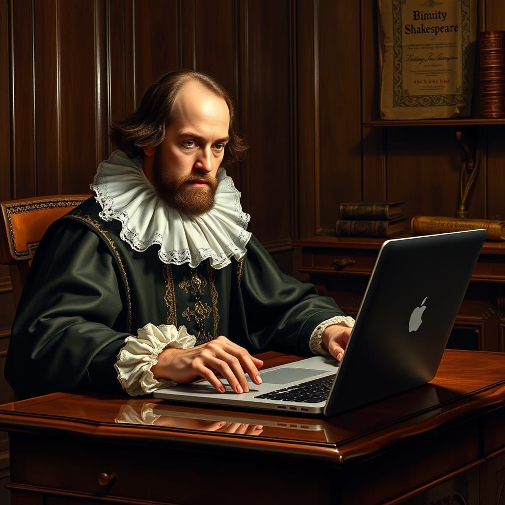 Shakespeare using a laptop computer  by @Kallistratia
