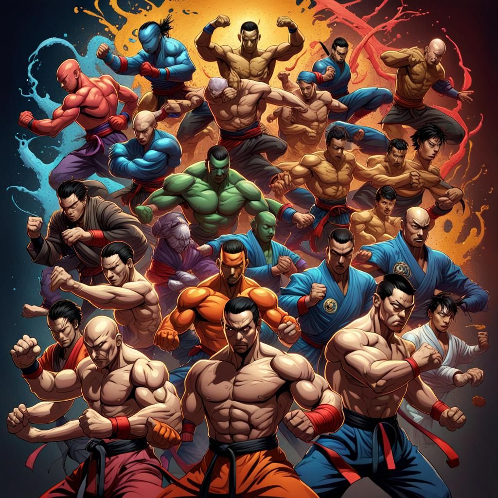 An diverse roster of strange, over over the top superpowered martial arts heroes. AI Generated