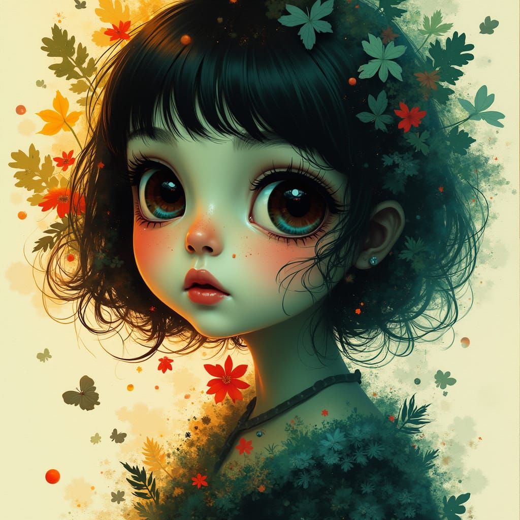 hyper cute, hyper big eyes, splash ink, two parts in one art, double exposure, hyperbolized details, pop surrealism, best quality, lady port...