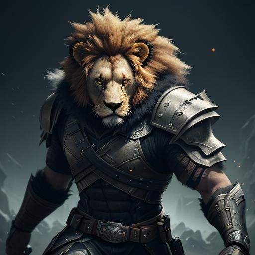 A fantasy card game illustration of an angry lion with glowi...