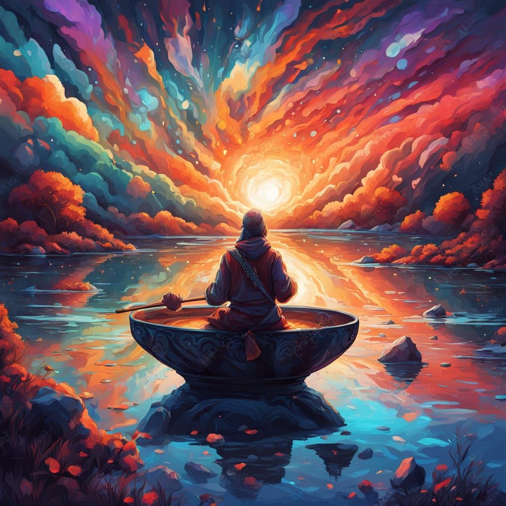 A mystical surrealistic scene where peace and contradiction intertwine: a vast, motionless lake reflecting a sky of swirling stars and dream...