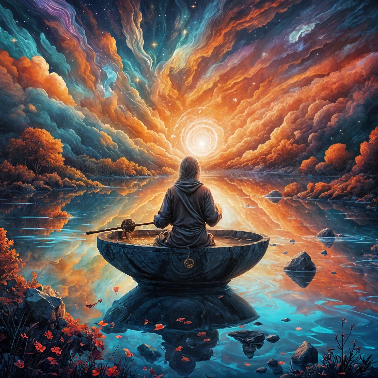 A mystical surrealistic scene where peace and contradiction intertwine: a vast, motionless lake reflecting ...  by @Likra