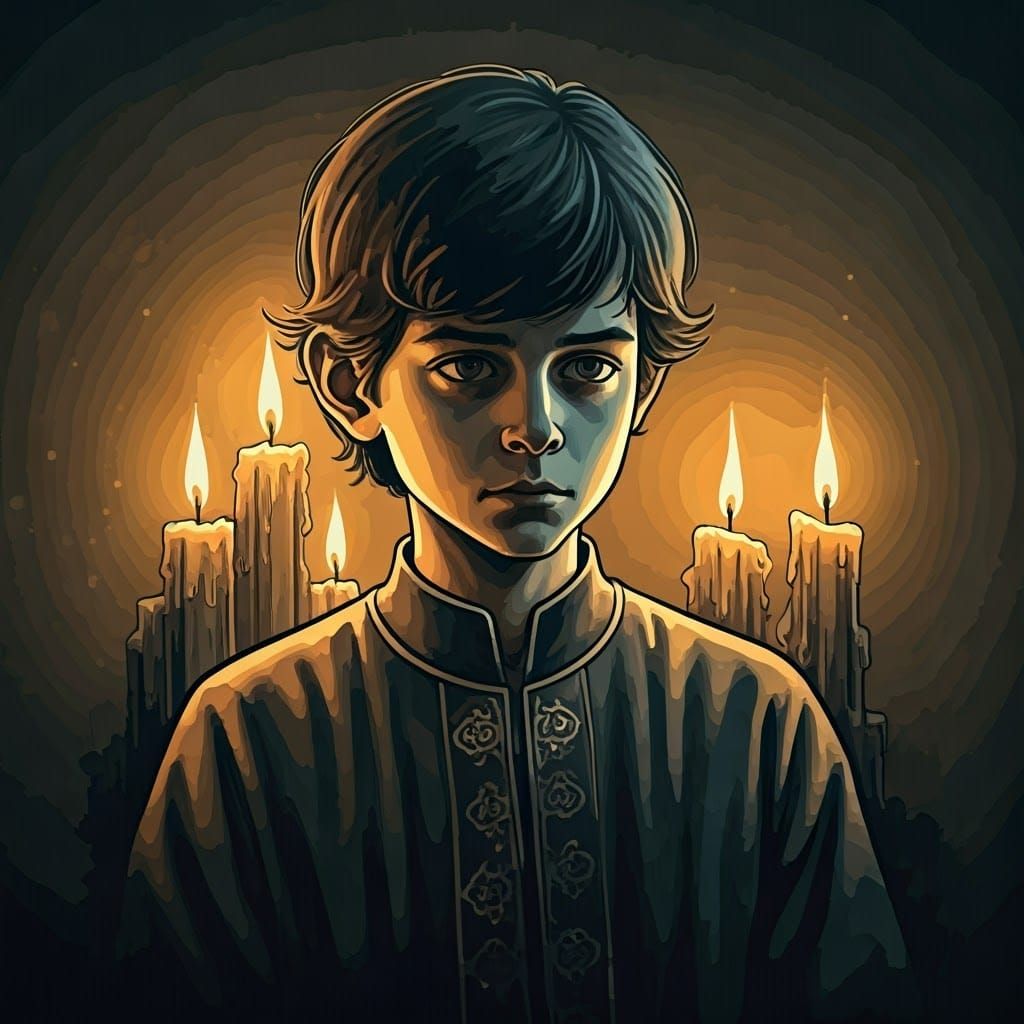 Contemplative Boy in Candlelight, Gothic Ink Splatter Art