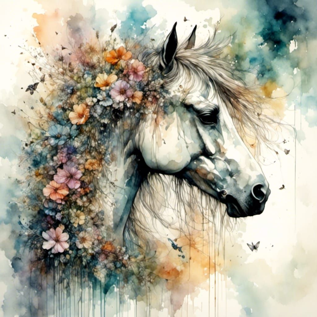 Watercolour with pony and flowers.