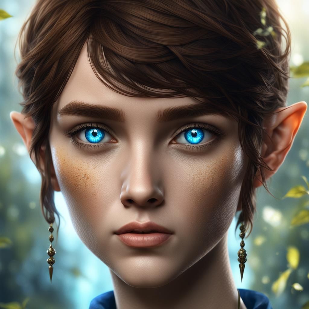 Elvish girl with short brown hair and  blue eyes portrait ae...