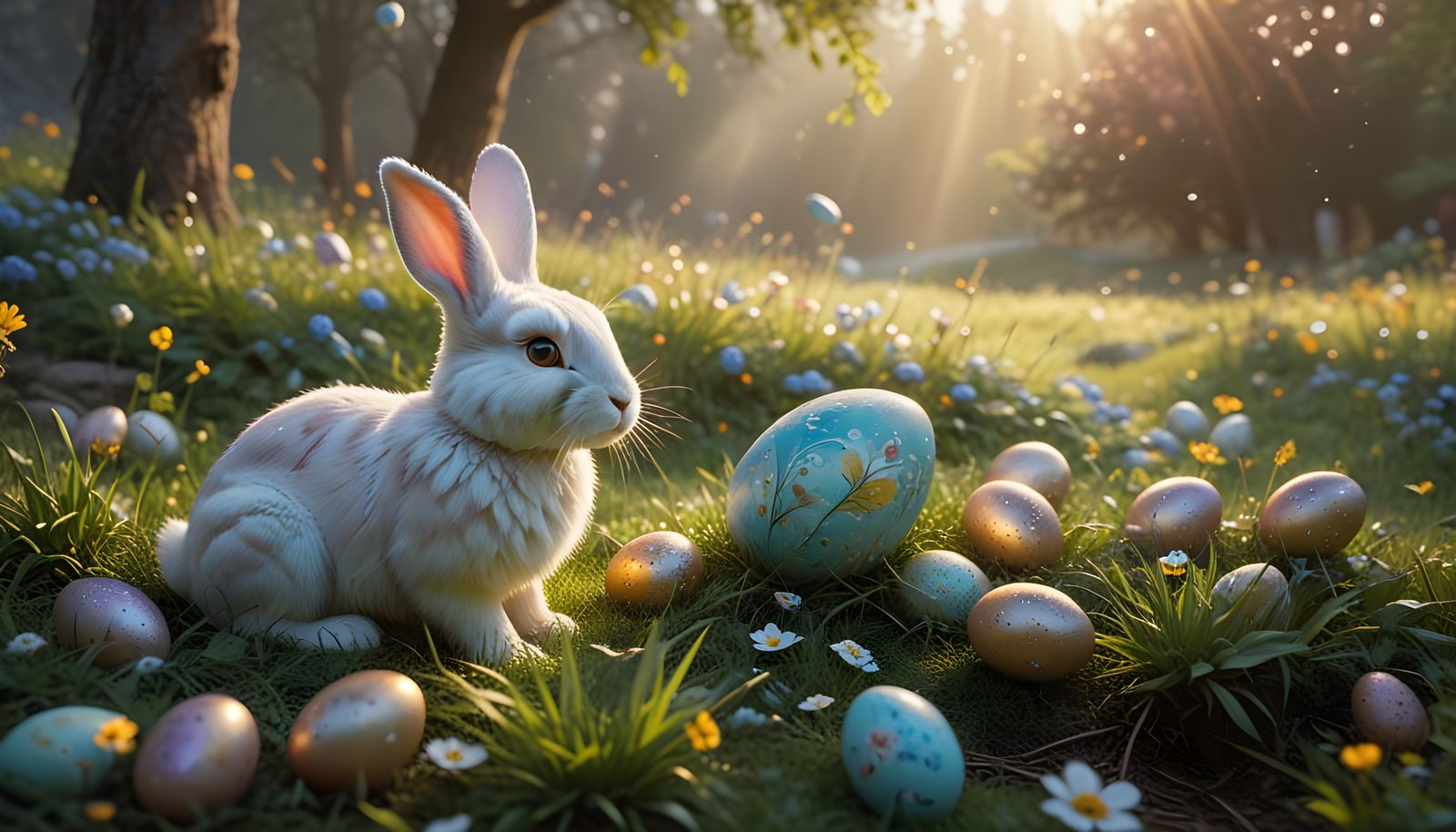 A classic Easter Bunny surrounded by colorful eggs and flowers  by @Laz440