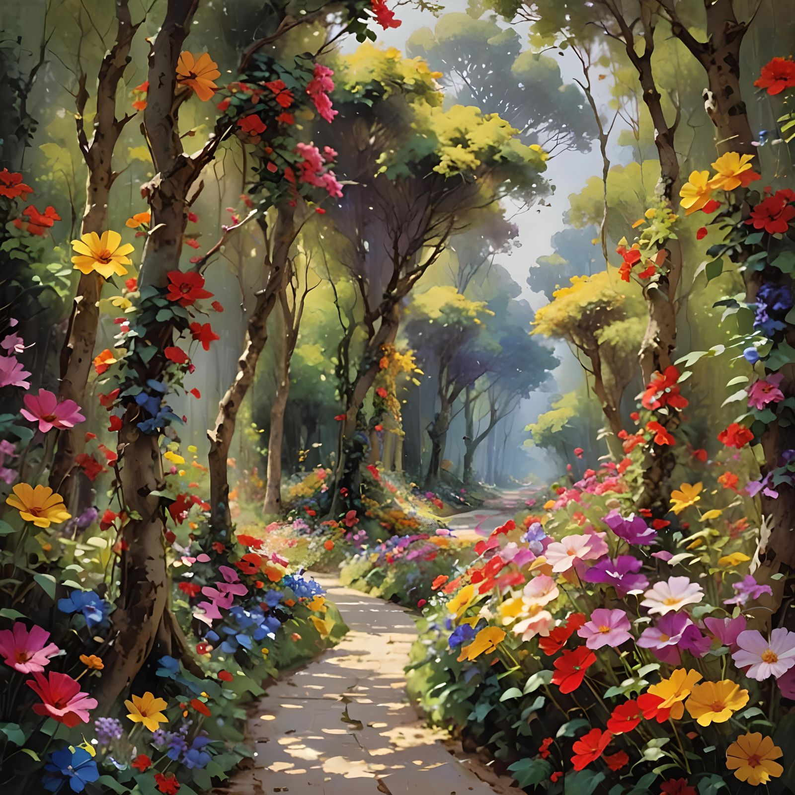 Path curving through a forest of giant huge 20 meter tall br...